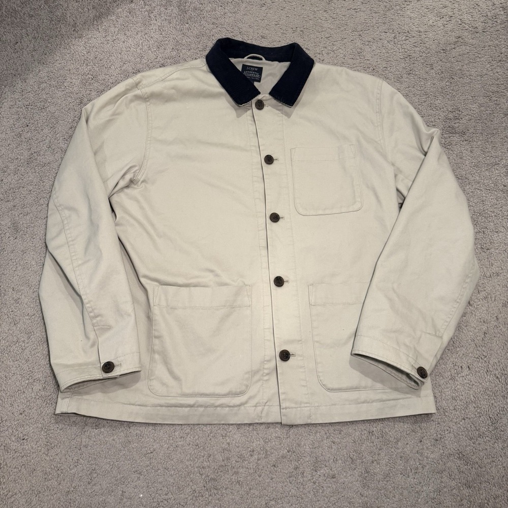 J Crew Authentic Outerwear Cream Chore Jacket Men XL Navy Corduroy Collar Barn